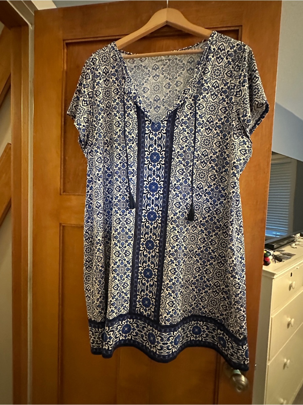 Lands' End Navy and White Printed Tunic with V-Neck Ties